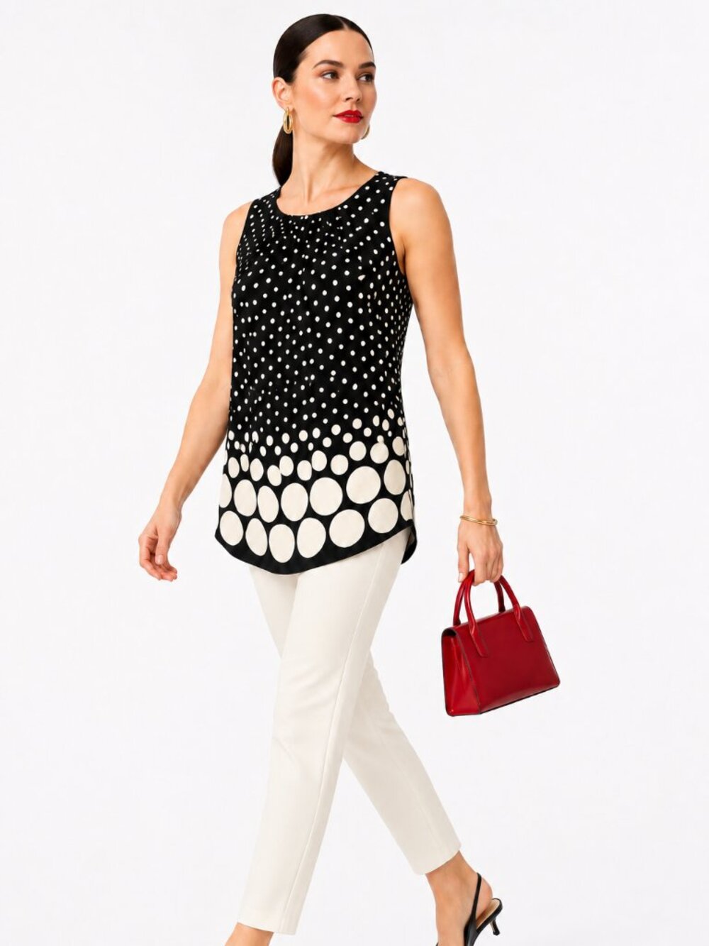 Black Ivory Graduated Polka Dot Sleeveless Tunic Blouse Mod Retro XS